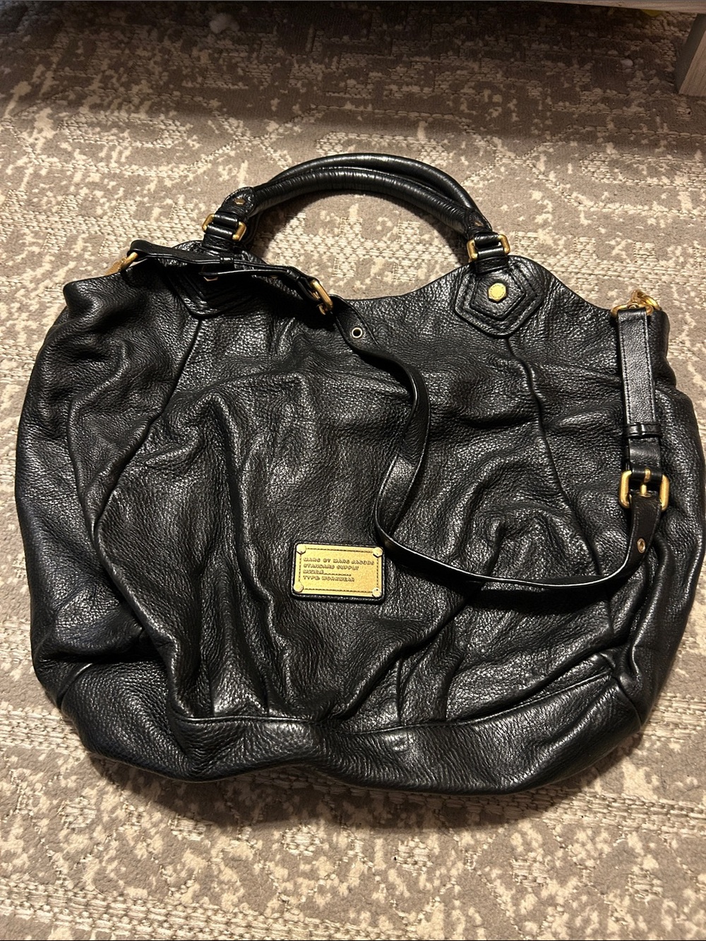 Marc Jacob’s Black Leather Women’s Tote Handbag with Gold Accents